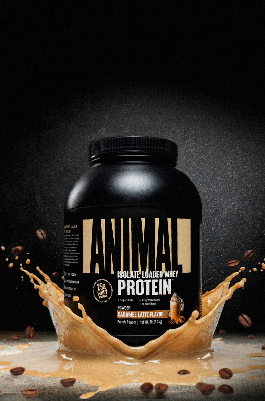 Black protein supplement container with coffee flavor on a dark background